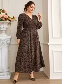 SHEIN Clasi Đầm Plus Size Dải chun Báo Thanh lịch - Cà phê nâu - Xem 1