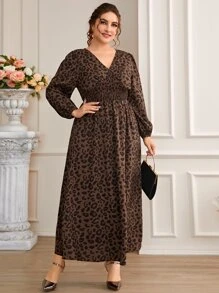 SHEIN Clasi Đầm Plus Size Dải chun Báo Thanh lịch - Cà phê nâu - Xem 3