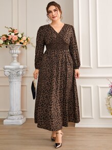 SHEIN Clasi Đầm Plus Size Dải chun Báo Thanh lịch - Cà phê nâu - Xem 4