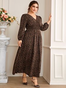 SHEIN Clasi Đầm Plus Size Dải chun Báo Thanh lịch - Cà phê nâu - Xem 5