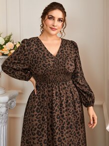 SHEIN Clasi Đầm Plus Size Dải chun Báo Thanh lịch - Cà phê nâu - Xem 6