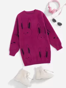 SHEIN Girls Cartoon Pattern Batwing Sleeve Jumper Dress - Red Violet - View 1