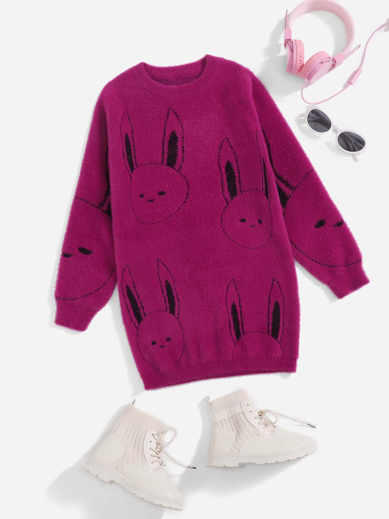 SHEIN Girls Cartoon Pattern Batwing Sleeve Jumper Dress - Red Violet - View 1