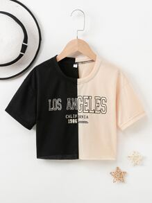 SHEIN Tween Girl Letter Graphic Two Tone Drop Shoulder Tee - Multicolor - View 1
