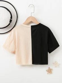 SHEIN Tween Girl Letter Graphic Two Tone Drop Shoulder Tee - Multicolor - View 2