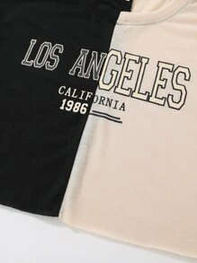 SHEIN Tween Girl Letter Graphic Two Tone Drop Shoulder Tee - Multicolor - View 3