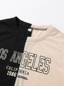 SHEIN Tween Girl Letter Graphic Two Tone Drop Shoulder Tee - Multicolor - View 4