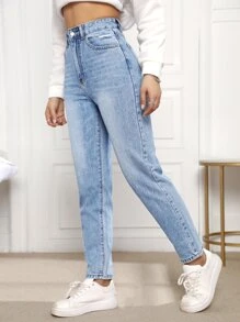 高腰媽媽牛仔褲 - 淺色水洗藍 - 查看 4