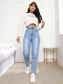 高腰媽媽牛仔褲 - 淺色水洗藍 - 查看 5