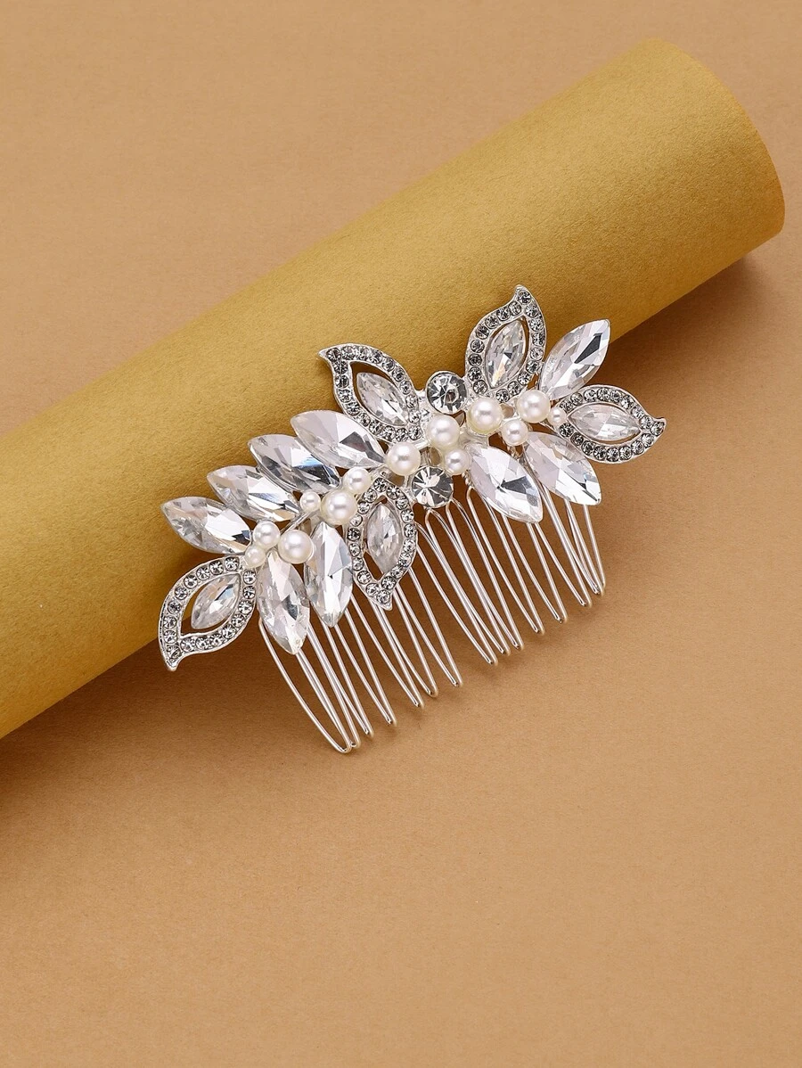 Rhinestone & Faux Pearl Decor Hairpin Comb Elegant Tiaras