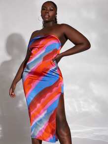 SHEIN SXY Plus Tie Dye Split Thigh Tube Dress - Multicolor - View 1