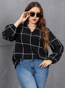 SHEIN LUNE Plus Grid Print Lantern Sleeve Blouse - Black - View 1