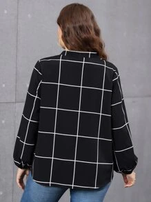 SHEIN LUNE Plus Grid Print Lantern Sleeve Blouse - Black - View 2