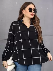 SHEIN LUNE Plus Grid Print Lantern Sleeve Blouse - Black - View 3