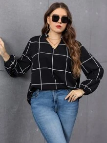SHEIN LUNE Plus Grid Print Lantern Sleeve Blouse - Black - View 4