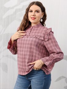 SHEIN Unity Plus Plaid Flounce Sleeve Ruffle Trim Blouse - Dusty Pink - View 1