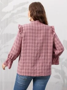 SHEIN Unity Plus Plaid Flounce Sleeve Ruffle Trim Blouse - Dusty Pink - View 2