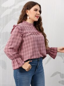 SHEIN Unity Plus Plaid Flounce Sleeve Ruffle Trim Blouse - Dusty Pink - View 3