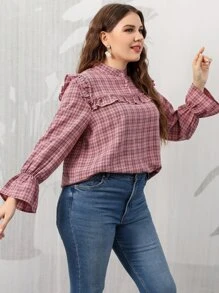 SHEIN Unity Plus Plaid Flounce Sleeve Ruffle Trim Blouse - Dusty Pink - View 4