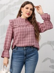 SHEIN Unity Plus Plaid Flounce Sleeve Ruffle Trim Blouse - Dusty Pink - View 5