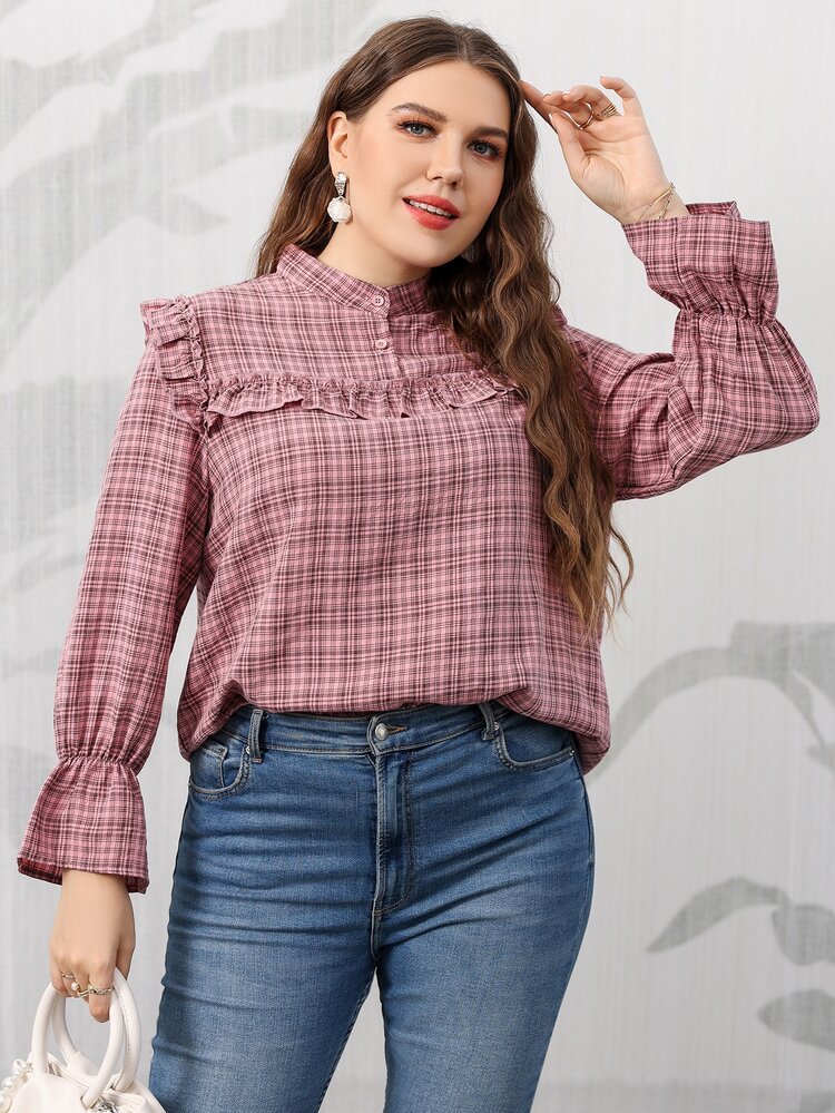 SHEIN Unity Blusa de cuadros de manga con volante ribete con fruncido - Rosa vieja - Añade 5