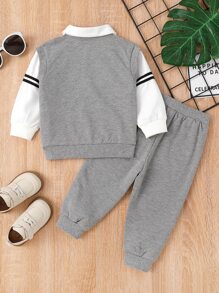 Bebé niño Pantalones deportivos con sudadera con cinta en contraste 2 en 1 - Gris - Ver 2