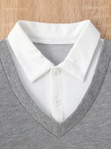 Bebé niño Pantalones deportivos con sudadera con cinta en contraste 2 en 1 - Gris - Ver 4