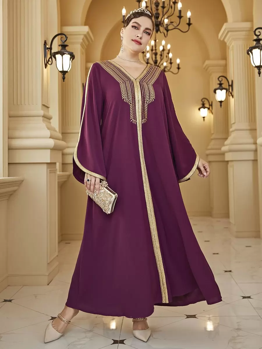 Al Najma 大碼植物刺繡織帶拼接喇叭袖洋裝 - 中紫紅色 - 查看 1