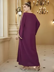 Al Najma 大碼植物刺繡織帶拼接喇叭袖洋裝 - 中紫紅色 - 查看 2