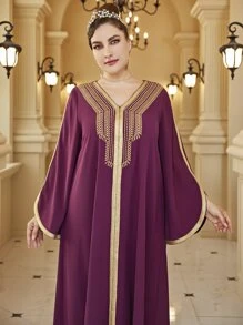 Al Najma 大碼植物刺繡織帶拼接喇叭袖洋裝 - 中紫紅色 - 查看 4