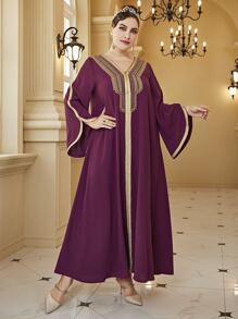 Al Najma 大碼植物刺繡織帶拼接喇叭袖洋裝 - 中紫紅色 - 查看 5