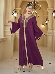 Al Najma 大碼植物刺繡織帶拼接喇叭袖洋裝 - 中紫紅色 - 查看 6