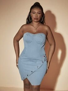 Vestido mezclilla tubo con botón lateral bajo asimétrico - Lavado ligero - Ver 3