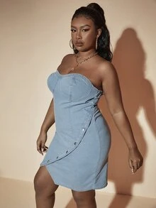 Vestido mezclilla tubo con botón lateral bajo asimétrico - Lavado ligero - Ver 5