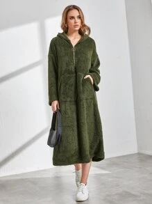 SHEIN Unity 小袋口袋半拉鏈開襟法蘭絨連帽連衣裙 - 軍綠色 - 查看 1
