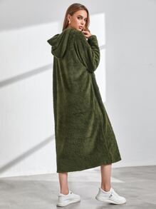 SHEIN Unity 小袋口袋半拉鏈開襟法蘭絨連帽連衣裙 - 軍綠色 - 查看 2