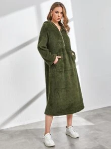 SHEIN Unity 小袋口袋半拉鏈開襟法蘭絨連帽連衣裙 - 軍綠色 - 查看 3