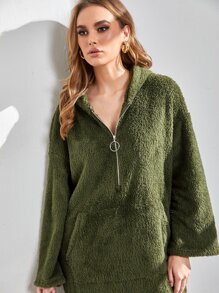 SHEIN Unity 小袋口袋半拉鏈開襟法蘭絨連帽連衣裙 - 軍綠色 - 查看 4