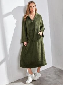 SHEIN Unity 小袋口袋半拉鏈開襟法蘭絨連帽連衣裙 - 軍綠色 - 查看 5