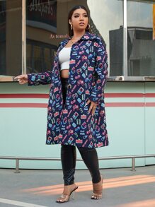 SHEIN Clasi Plus Letter And Gamepad Print Belted Coat - Multicolor - View 4