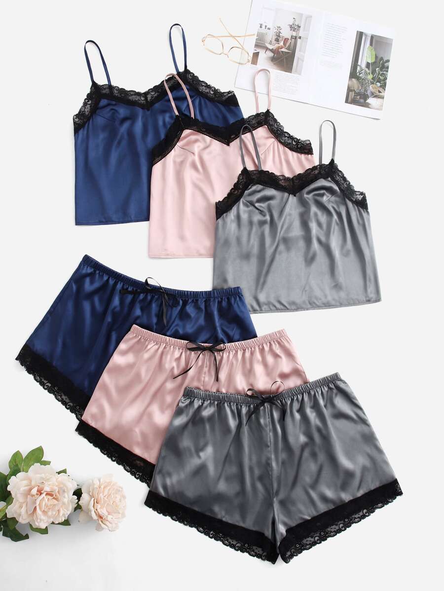 大碼3套蕾絲裝飾蝴蝶結前緞睡衣套裝 - 彩色 - 查看 1