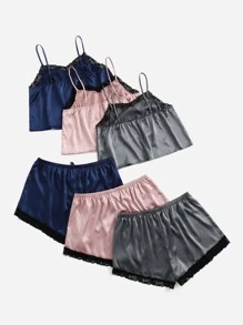 大碼3套蕾絲裝飾蝴蝶結前緞睡衣套裝 - 彩色 - 查看 2