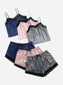 大碼3套蕾絲裝飾蝴蝶結前緞睡衣套裝 - 彩色 - 查看 3