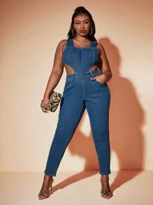 SHEIN SXY Petos mezclilla con abertura con cremallera trasera - Azul lavado oscuro - Ver 1