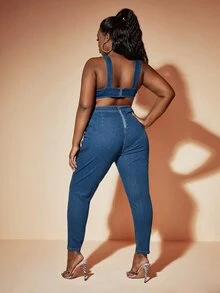 SHEIN SXY Petos mezclilla con abertura con cremallera trasera - Azul lavado oscuro - Ver 2