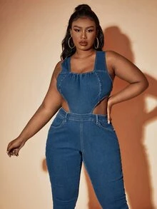 SHEIN SXY Petos mezclilla con abertura con cremallera trasera - Azul lavado oscuro - Ver 3