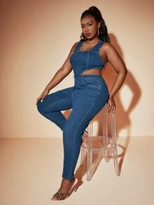 SHEIN SXY Petos mezclilla con abertura con cremallera trasera - Azul lavado oscuro - Ver 4