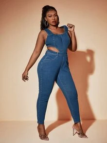 SHEIN SXY Petos mezclilla con abertura con cremallera trasera - Azul lavado oscuro - Ver 5