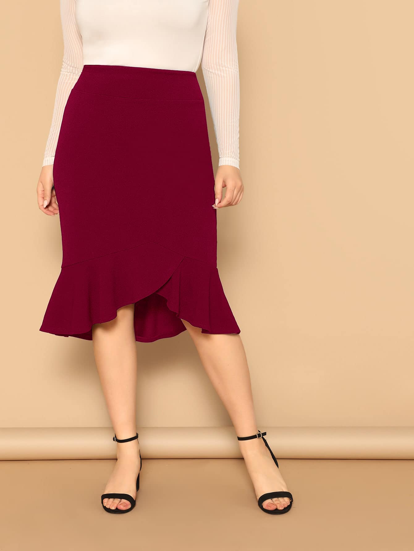 SHEIN Privé Plus Asymmetrical Ruffle Hem Solid Skirt - Burgundy - View 1