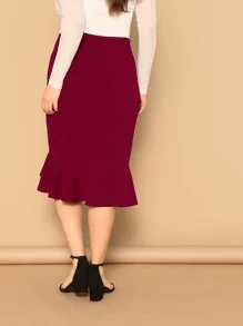 SHEIN Privé Plus Asymmetrical Ruffle Hem Solid Skirt - Burgundy - View 2